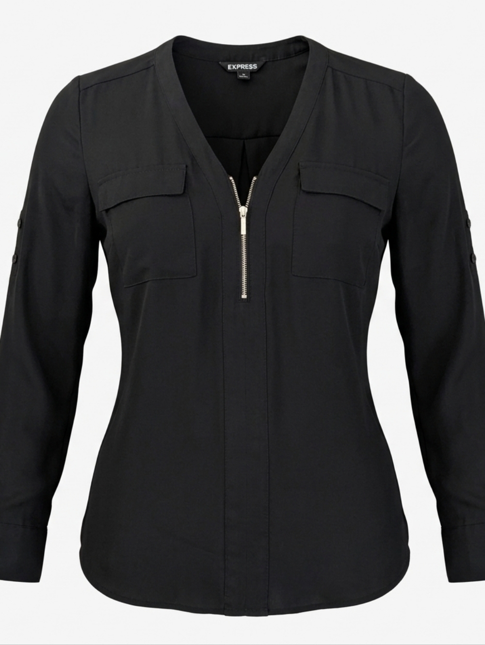 Express 1/4 Zip Black Relaxed Fit Women's Tunic Blouse Top Roll Up Sleeves Sz L